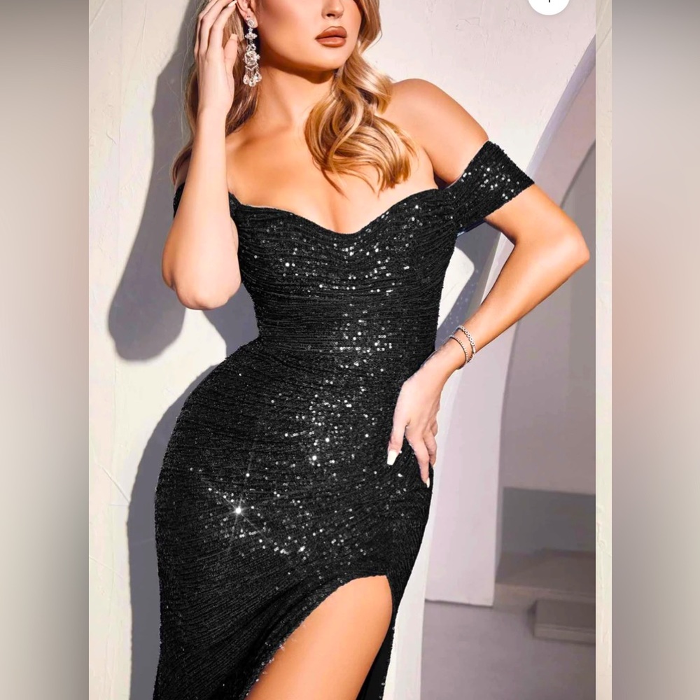 BLACK off shoulder sequin formal/prom dress